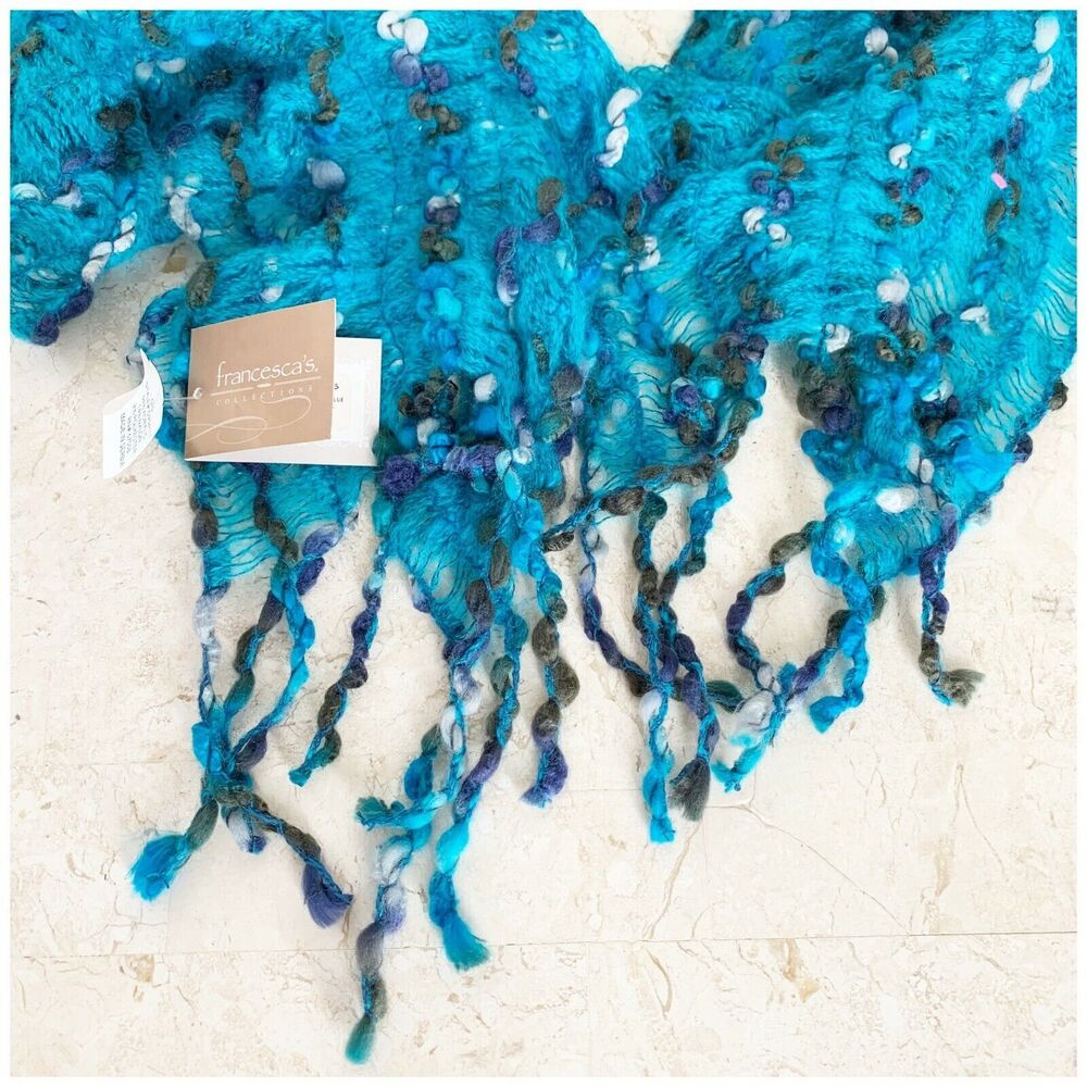 Francescas NEW Fringed Scarf Blue Space Dye Boucle Texture Neck Warmer NWT - Picture 5 of 7